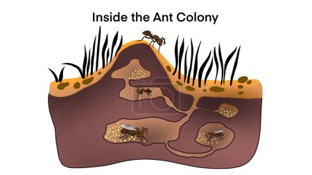 Colonia de hormigas viviendo bajo tierra, Colonia de hormigas de dibujos animados en el suelo, insectos en el formicario que consiste en túneles y cámaras, educación biológica, hormigas en túneles de hormigas en la colina debajo, nido de hormigas