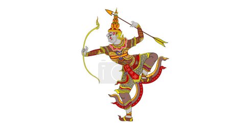 Ravana está disparando flechas contra los soldados en el Ramayana, Happy Dussehra, Happy Dussehra festival de la India, el Señor Krishna, dios hindú, guerrero Mahabharata, Antiguo fresco pintado, Ravana corona máscara