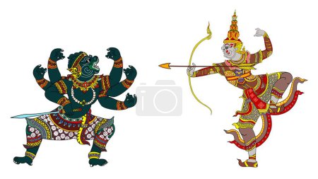Ravana está disparando flechas contra los soldados en el Ramayana, Happy Dussehra, Happy Dussehra festival de la India, el Señor Krishna, dios hindú, guerrero Mahabharata, Antiguo fresco pintado, Ravana corona máscara