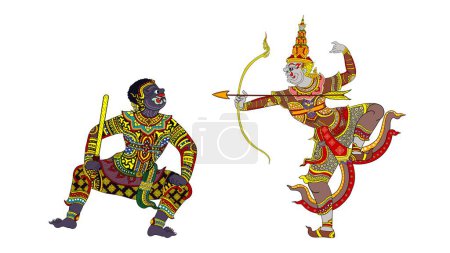 Ravana is shooting arrows against soldiers in the Ramayana, Happy Dussehra, Happy Dussehra festival of India, Lord Krishna, Hindu god, Mahabharata warrior, Ancient painted fresco, Ravana mask crown