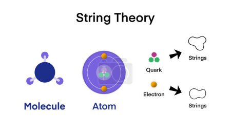 Stringtheorie, Quantenphysik, Form des Materiemoleküls Atom zum Quark zu den Saiten Infografik Diagramm kleinste Teilchen für den quantenphysikalischen naturwissenschaftlichen Unterricht