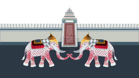 Authentische thailändische Stoffmuster, thailändische Tempelelelefanten, Verzierte indische Elefanten im Tempel, bunte Elefanten, thailändische Wahrzeichen, Songkran Festival