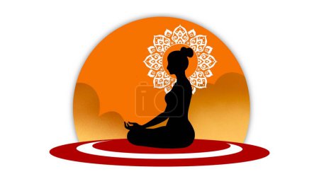 Foto de Silueta de una mujer sentada en postura de loto de yoga, Bienestar saludable Mujer asiática yoga respirando meditando en posición de loto, Espíritu del universo silueta, Una mujer realiza yoga y medita - Imagen libre de derechos