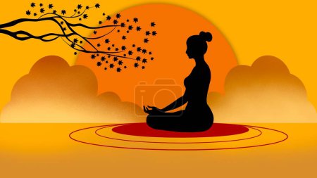 Silhouette einer Frau in Yoga-Lotus-Pose, Gesundes Wohlbefinden Asiatische Yoga-Frau atmet meditativ in Lotus-Position, Geist des Universums Silhouette, Eine Frau macht Yoga und meditiert