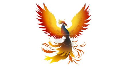 Phönix steigt aus den Flammen, Phönix Feuervogel steigt in den Himmel, Phönix im Feuer, Symbol der Wiedergeburt, Fenix mit brennenden Flügeln und Federn, fliegender roter brennender Vogel 