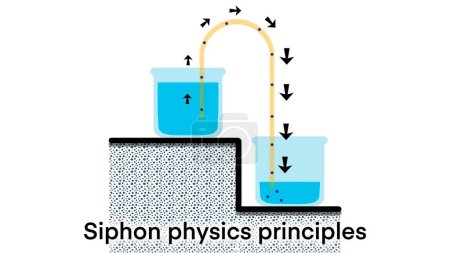 Principes de physique de siphon, un siphon est l'un d'une grande variété de dispositifs qui impliquent le flux de liquides à travers les tubes, principe de siphon, chimie et physique, diagramme de principes de physique de siphon