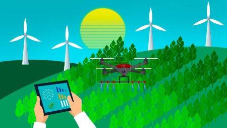 High-Tech-Drohne, die Pflanzen versprüht, Agrar-Drohne fliegt zu versprühtem Dünger auf dem grünen Maisfeld, Drohnen-Sprühdünger auf dem grünen Feld, intelligente landwirtschaftliche Innovation, landwirtschaftliche Industrietechnologie