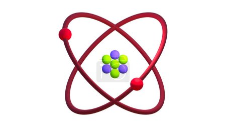 Schule Element der bunten, Modell des Moleküls fängt die Essenz des Chemieunterrichts, 3D-Rendering eines Atommodells mit glänzenden Teilchen, die um den Kern kreisen, Kernreaktion, Nanotechnologie