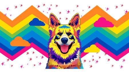 Smiling dog, dog portrait in lgbtq pride rainbow colors concept art, dog with vibrant rainbow colored fur, perfect for pride parade lgbtq concept and symbol, lgbt pride parade, gay flag on pride day