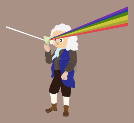 Illustration for Illustration of physics, Isaac Newton discovers spectral colors from light passing through a prism, Isaac Newton gets the light spectrum, color theory, light range and dispersion - Royalty Free Image