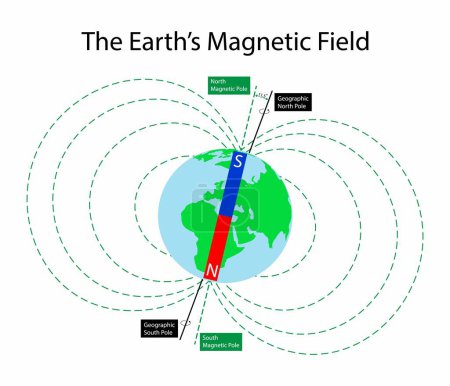 Illustration for Illustration of physics, The earth's magnetic field, Magnetic and geographical pole of the globe. Geomagnetic field diagram. Bar magnet magnetic lines. South, north poles. Spin axis, earth rotation - Royalty Free Image