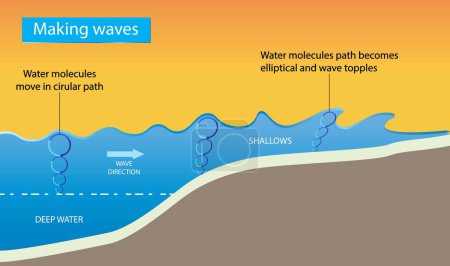 Illustration for Illustration of physics, waves crashing on the coast, ocean waves, wind is transferred to water, stronger the wind, the longer it blows and the larger the area of water over which it blows - Royalty Free Image