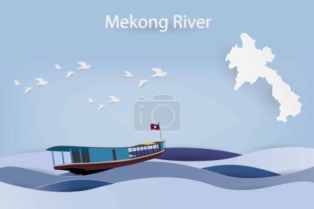 Illustration for Boat transport on the Mekong River, on the banks of the Mekong, Tourist boats at sunset on the Mekong River, Luang Prabang, Laos, Seasonal poster in trendy paper cut style - Royalty Free Image