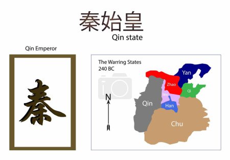Landkarte des alten China vor der Qin-Dynastie, Landkarte der Qin-Dynastie, Geschichte des alten China, Darstellung des kriegsführenden Staates China. Karte des antiken China Illustration