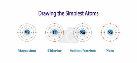 Illustration for Illustration of chemistry, The periodic table of the elements, magnesium, chlorine, sodium and neon atom, properties of the chemical elements exhibit a periodic dependence on their atomic numbers - Royalty Free Image