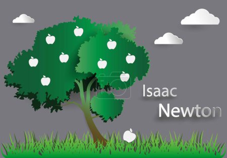 Illustration for Gravity, falling apple., Isaac newton idea universal law, fall apple tree down, Weight and mass experiment, Inertia, motion, Isaac Newton sitting under apple tree - Royalty Free Image