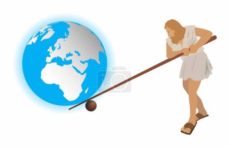 Illustration for Illustration of physics and history, Greek mathematician Archimedes, The lever is long enough and the center point to place and to move the world, A lever is a simple machine consisting of a beam - Royalty Free Image