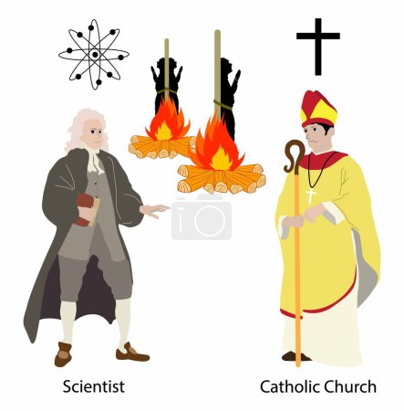 Illustration for Illustration of Science and religion,The theory of conflict between science and the Church, geocentric model and heliocentric model - Royalty Free Image