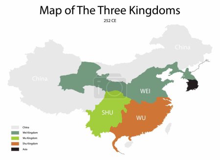 Illustration for Illustration of history and politics, The Three Kingdoms from 220 to 280 AD was the tripartite division of China among the dynastic states of Cao Wei, Shu Han and Eastern Wu - Royalty Free Image