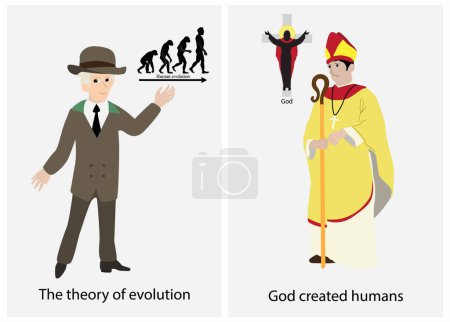 Illustration for Illustration of physics and religion, Scientists believe the theory of evolution of living things, Religion believes that living beings are made up of gods, belief and science - Royalty Free Image