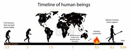 Ilustración de Ilustración de la biología y la historia humana, Cronología de los seres humanos, Evolución humana y desarrollo de la tecnología de supervivencia humana, la evolución del género Homo en los últimos 2 millones de años - Imagen libre de derechos