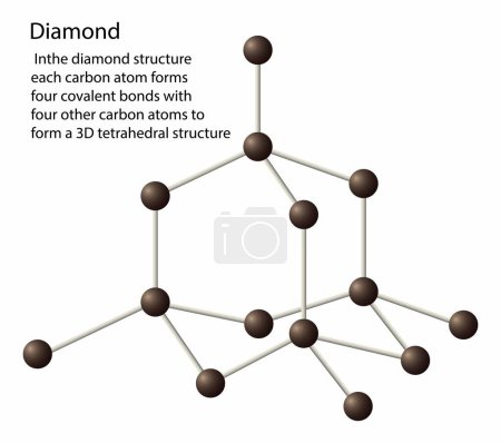 Ilustración de Illust of chemistry, La estructura del diamante cada átomo de carbono forma cuatro enlaces covalentes, los átomos de carbono forman una estructura regular de la red tetraédrica, el diamante es una estructura covalente gigante - Imagen libre de derechos