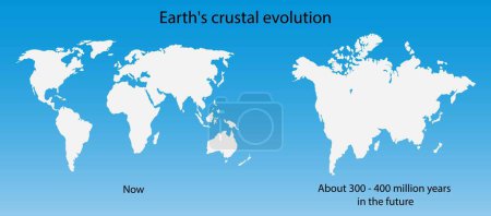 Illustration for Illustration of physics, Earth's crustal evolution involves the formation, destruction and renewal of the rocky outer shell at that planet's surface, In future, continents will come together - Royalty Free Image