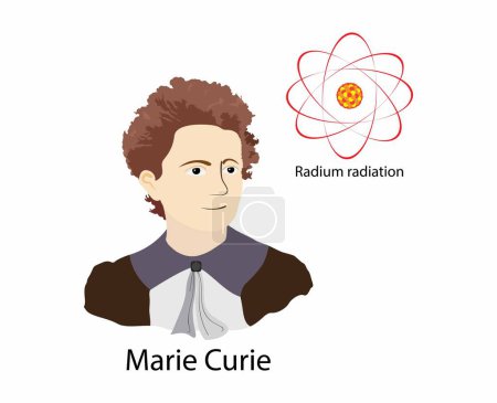 Illustration for Illustration of person and chemistry, Marie Curie, Curie was a pioneer in researching radioactivity, winning the Nobel Prize in Physics, marie curie woman scientific radioactive experiment - Royalty Free Image