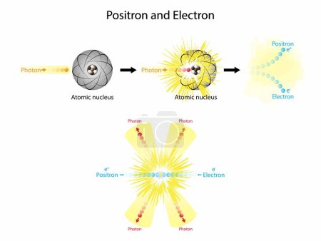 Illustration for Illustration of chemistry and physics, Positron and electron, The collision of positrons with electrons, The collision of protons and atomic nucleus produce prositrons and electrons, Nuclear Collision - Royalty Free Image
