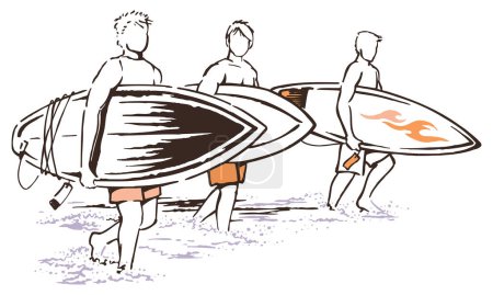 Ilustración de Vector colorido ilustración de amigos surfistas caminando por la playa. Arte en trazos estilizados, hecho a mano. - Imagen libre de derechos