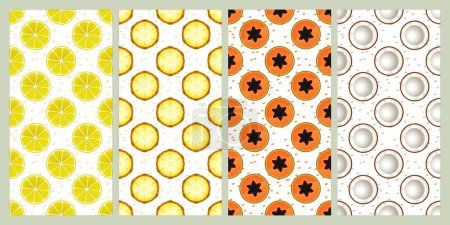 Eine Reihe nahtloser Muster. Zitrone, Ananas, Papaya, Kokosnuss. Fruchtmuster. Sommermuster. Muster für Textilien oder für Bezüge. Hintergrundbilder.