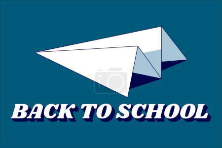 Illustration for Back to school. Background for school banner. Vector print with a paper airplane on a blue background. Minimalism. Linear illustration in retro style. - Royalty Free Image