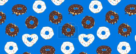 Illustration for Seamless pattern of appetizing chocolate and cream donuts, minimalist style. Vector pattern of confectionery dessert. Menu for bakeries, restaurants, cafes, textiles. - Royalty Free Image