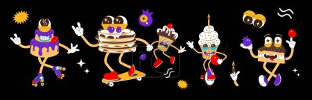 Téléchargez les illustrations : Stickers mode avec des personnages drôles. Pâtisseries fraîches, crêpes, gâteaux, pâtisseries, bougies, bleuets, cerises. Marque de mascotte pour cafés, boulangeries, bonbons. Illustration vectorielle dans un style rétro. - en licence libre de droit