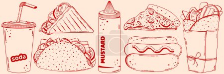 Fast food set in retro linear style without fill, monochrome. Vector illustration hand drawn.