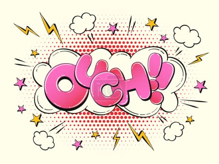 Comic speech bubble in the shape of a cloud with halftone effect. Multicolored illustration with the word "Ouch" in retro comic style.