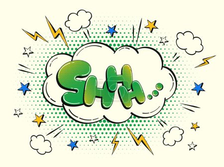 Comic speech bubble in the shape of a cloud with halftone effect. Multicolored illustration with the word "Shhh" in retro comic style.