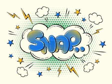 Comic speech bubble in the shape of a cloud with halftone effect. Multicolored illustration with the word "Snap" in retro comic style.