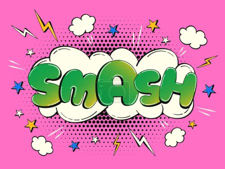 Comic speech bubble in the shape of a cloud with halftone effect. Multicolored illustration with the word "Smash" in retro comic style.