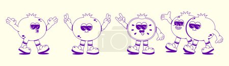 Illustration for Groovy blueberry set. Funny vintage character in trendy retro linear style. Doodle Comic collection. - Royalty Free Image