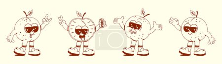 Illustration for Groovy apricot set. Funny vintage character in trendy retro linear style. Doodle Comic collection. - Royalty Free Image