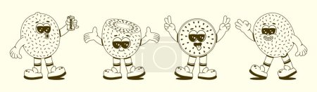 Illustration for Groovy kiwi set. Funny vintage character in trendy retro linear style. Doodle Comic collection. - Royalty Free Image