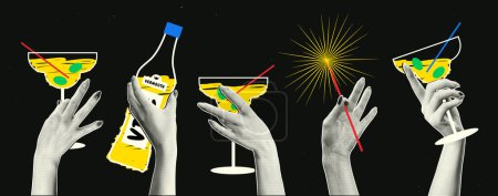 Ensemble festif d'éléments dans un style de collage rétro. Une main de femme avec un effet de demi-teinte tient un verre de cocktail.