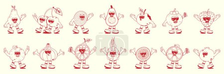 Illustration for Set of fruit characters in doodle style. Vector illustration of fruit stickers with arms, legs and cute faces in linear vintage style. - Royalty Free Image
