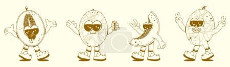 Illustration for Groovy melon set. Funny vintage character in trendy retro linear style. Doodle Comic collection. - Royalty Free Image