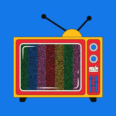 Ilustración de Antiguo televisor retro con ruido. Ilustración vectorial brillante de un televisor con ruido a rayas en el estilo de los años 90-2000. - Imagen libre de derechos
