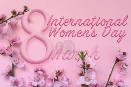 Idee zum Internationalen Frauentag. Blühender Ast und Text 8. März isoliert auf rosa Hintergrund. Glücklicher Frauentag.