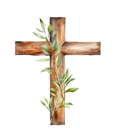 Foto de Acuarela Pascua cruz de madera, primavera. Clipart de ilustración aislado sobre fondo blanco. - Imagen libre de derechos