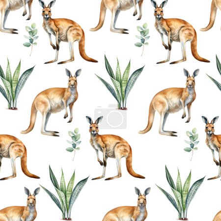 Watercolor kangaroo seamless pattern, watercolor illustration, background.