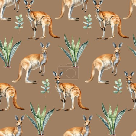 Watercolor kangaroo seamless pattern, watercolor illustration, background.